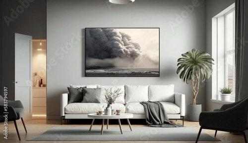 Canvas mockup in modern interior, blank white frame on the wall of living room. Generative Ai.