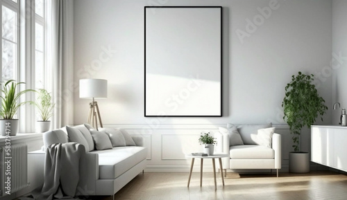 Canvas mockup in modern interior, blank white frame on the wall of living room. Generative Ai. © 121icons