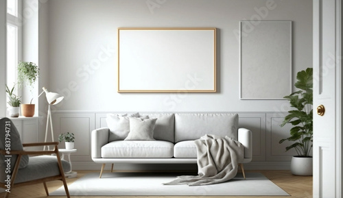 Canvas mockup in modern interior  blank white frame on the wall of living room. Generative Ai.