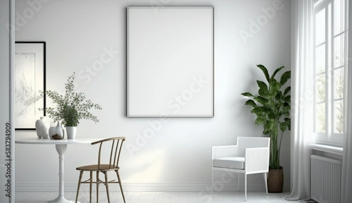 Canvas mockup in modern interior  blank white frame on the wall of living room. Generative Ai.