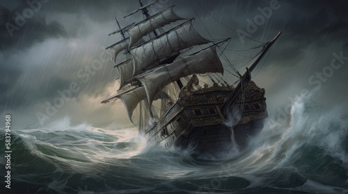 Pirate ship in stormy sea. Generative AI