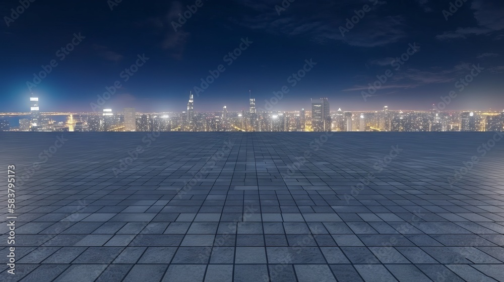 Empty square floor and modern city skyline at night, Generative AI