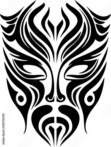 Vector tattoo sketch of a Polynesian god mask in black and white.