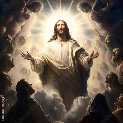 Illustration revelation of Jesus Christ, new testament, religion of christianity, heaven and hell over the crowd of people, Jerusalem of the bible. Generative AI