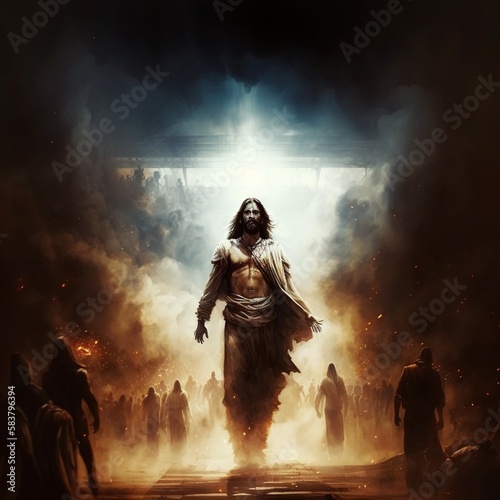 Illustration revelation of Jesus Christ, new testament, religion of christianity, heaven and hell over the crowd of people, Jerusalem of the bible. Generative AI