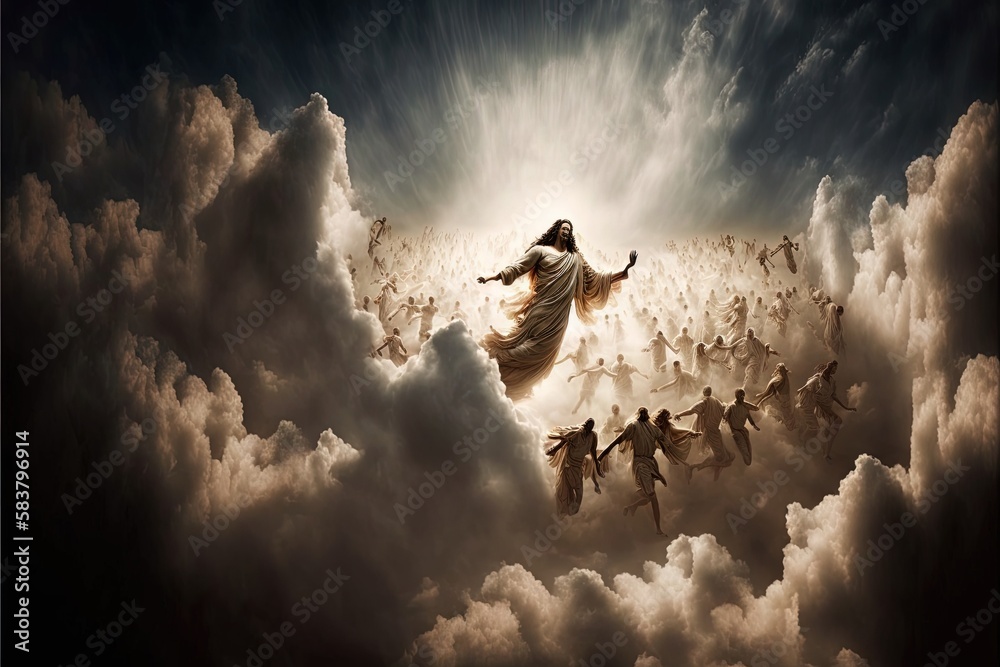 Illustration revelation of Jesus Christ, new testament, religion of christianity, heaven and hell over the crowd of people, Jerusalem of the bible. Generative AI - obrazy, fototapety, plakaty 