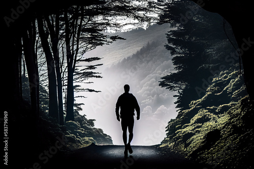 silhouette of an athlete running in a dark forest illustration Generative AI