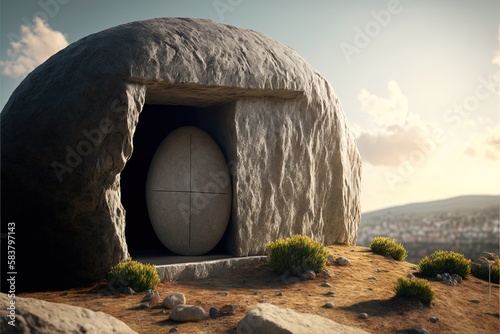 Resurrection of Jesus Christ, empty tomb, Jesus coming out of the tomb. Cricifix. Religion and the bible. Easter or Resurrection concept.  Generative AI photo