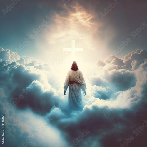 Illustration revelation of Jesus Christ, new testament, religion of christianity, heaven and hell over the crowd of people, Jerusalem of the bible. Generative AI