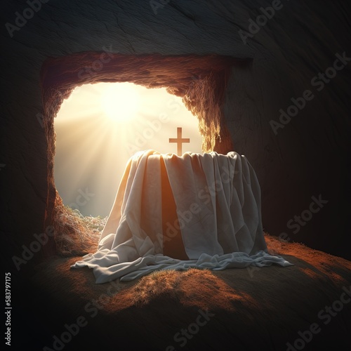 Resurrection of Jesus Christ, empty tomb, Jesus coming out of the tomb. Cricifix. Religion and the bible. Easter or Resurrection concept. Generative AI