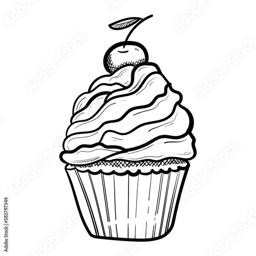 Cupcake with cherry hand drawn sketch illustration.