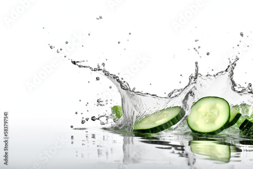 Water splash on white background with Cucumber slices. generative ai 