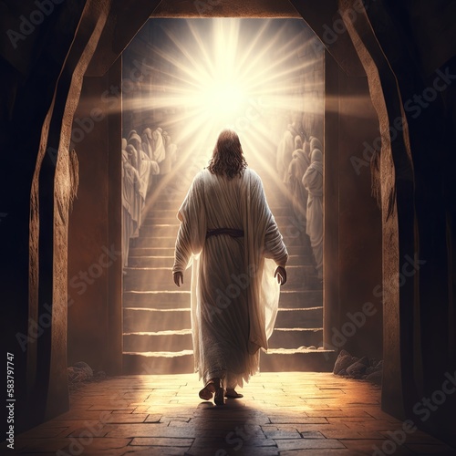 Resurrection of Jesus Christ, empty tomb, Jesus coming out of the tomb. Cricifix. Religion and the bible. Easter or Resurrection concept.  Generative AI photo