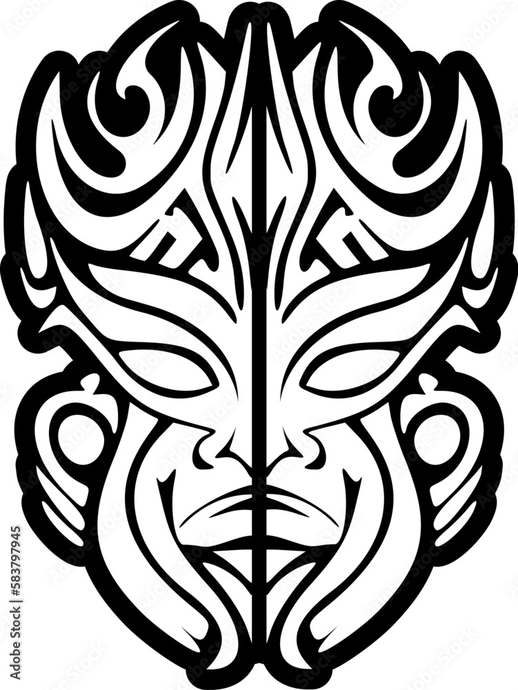 Vector tattoo sketch of a Polynesian god mask in black and white
