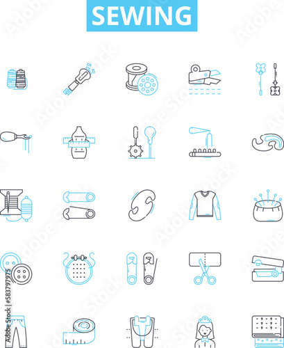Sewing vector line icons set. Needlework, Seamstress, Fabric, Cutting, Hemming, Basting, Sew illustration outline concept symbols and signs