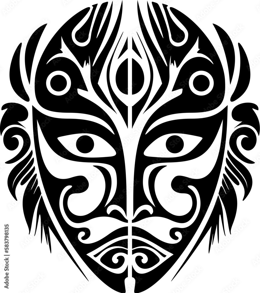 Naklejka premium Vector sketch of a black and white Polynesian god mask tattoo