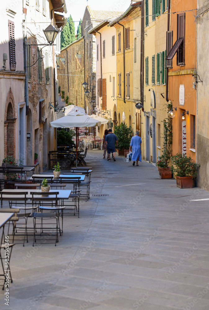  Charming street with bars and wine shops in Montalcino in Tuscany. Italy