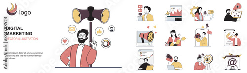 Digital marketing concept with character situations collection. Bundle of scenes people promoting business in social media, targeting and attracting clients. Vector illustrations in flat web design