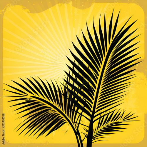 Graphic palm leaves background, palm sunday greeting card, tropic background. AI-generated image.