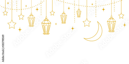 islamic decoration with hanging golden lanterns, stars, and moon