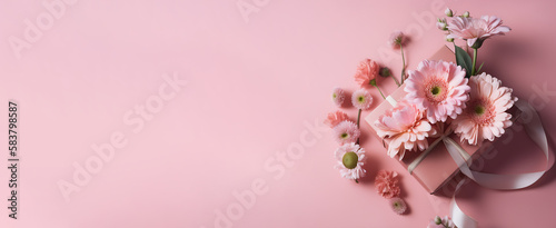 Giftbox with flower for Mother's Day banner, Generative Ai
