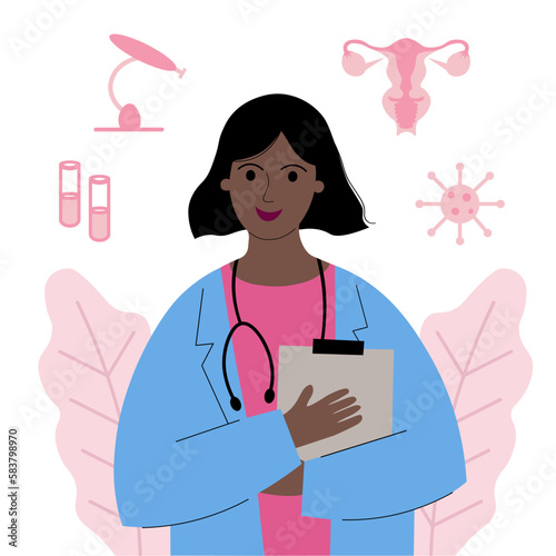 Gynecologist. Doctor in a medical gown, depiction of female reproductive organs, devices for analysis. Women's health, examination, tests, pregnancy, consultation of a gynecologist or reproductologist