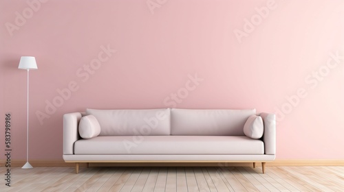 salle vide avec un canap   contre un mur rose pastel  avec un parquet en bois et une lumi  re naturelle  illustration graphique  ia g  n  rative