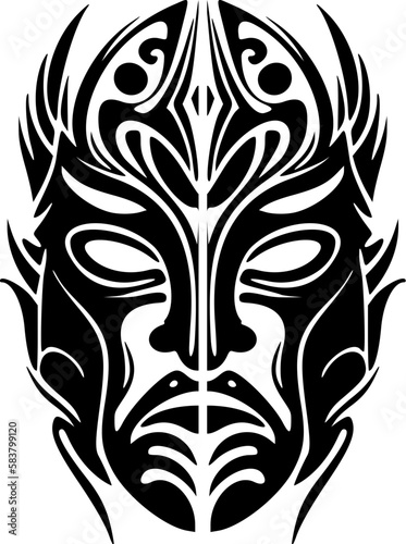 Vector tattoo sketch of Polynesian god mask in black and white.