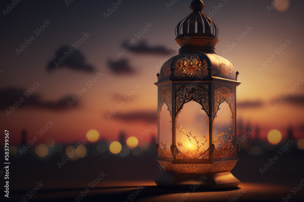 Glowing lantern or fanoos with beautiful sunset and clouds background for Ramadan, Raya Hari, Eid al Adha and Mawlid. Generative AI Glowing lantern or fanoos with beautiful sunset and clouds background for Ramadan, Raya Hari, Eid al Adha and Mawlid. Generative AI