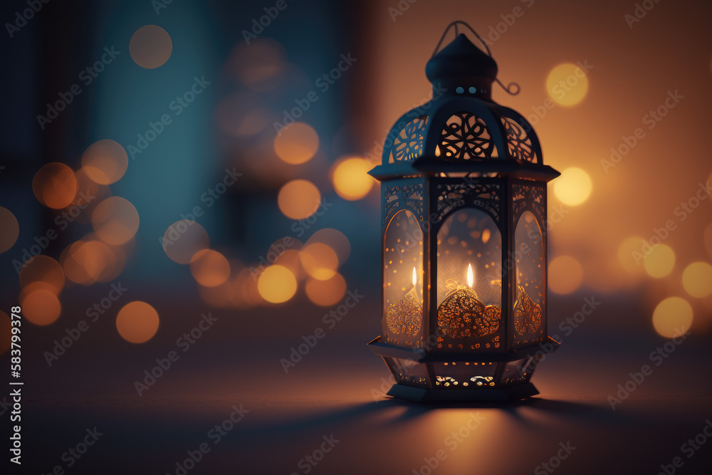 Glowing lantern or fanoos with gold bokeh background for Ramadan, Raya Hari, Eid al Adha and Mawlid. Generative AI Glowing lantern or fanoos with gold bokeh background for Ramadan, Raya Hari, Eid al Adha and Mawlid. Generative AI
