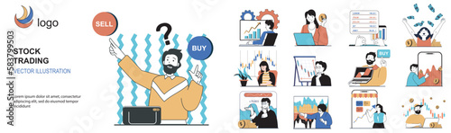 Stock trading concept with character situations collection. Bundle of scenes people analyzing financial statistics, making market research and investing money. Vector illustrations in flat web design