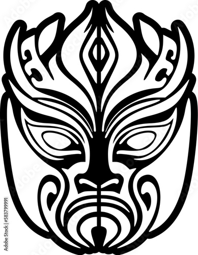 Vector black and white tattoo sketch of a Polynesian god mask.