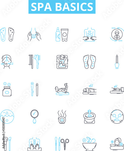 Spa basics vector line icons set. Spa, Services, Treatments, Massage, Facials, Manicures, Pedicures illustration outline concept symbols and signs