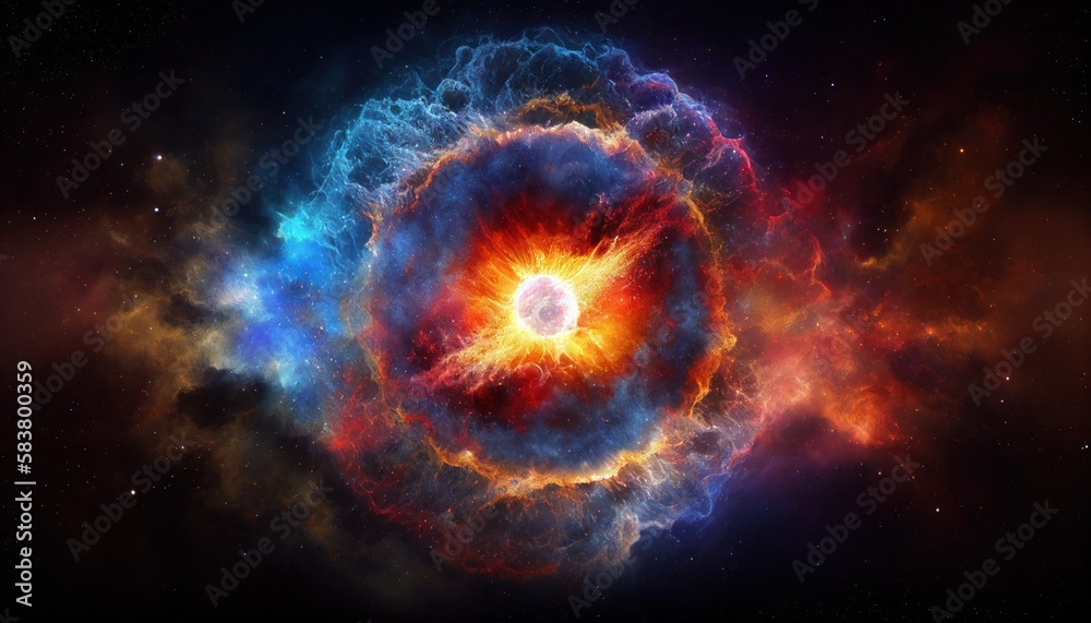 Universe Space and Galaxy Bigbang supernova explode from the center release dust cloud and colorful of radient.Generative AI
