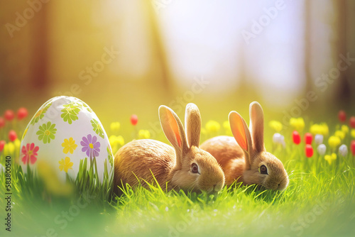 Cute of couple lop rabbit on green grass flower field with Easter Eggs blur nature outdoor summer background.Generative AI