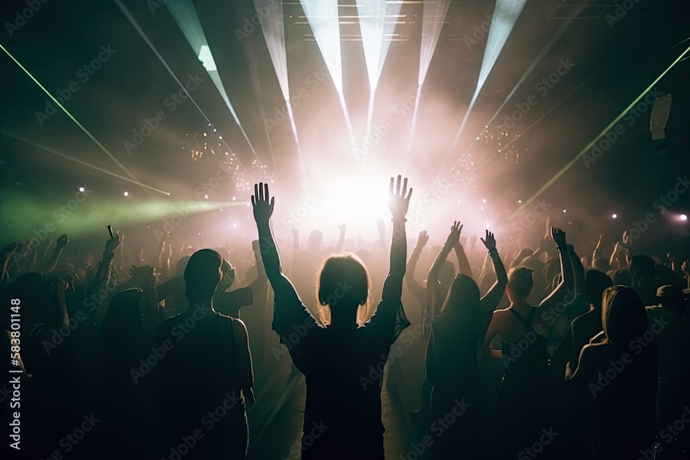 group of young people dancing and jumping to the beat of electronic music concert festival. Generative AI