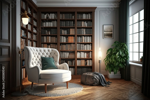 Interior of a large modern living room or home library with white and wooden walls, wooden floor, comfortable armchair and bookcase, generative AI