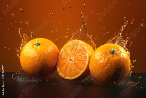 Levitation ripe oranges citrus with drops of juice water splash, isolated on orange background, organic healthy fruit, flying food. AI generative