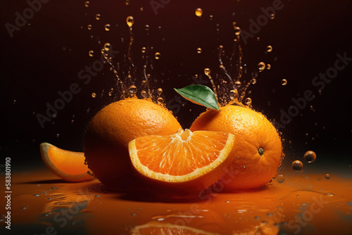 Levitation ripe oranges citrus with drops of juice water splash, isolated on orange background, organic healthy fruit, flying food. AI generative