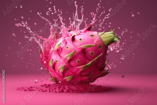 Levitation ripe ragon fruits pitahaya with drops juice splash , isolated on pink background, organic healthy exotic fruit, flying food AI generative