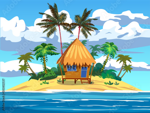 Tropical resort island, modern bungalow ocean surf, beach