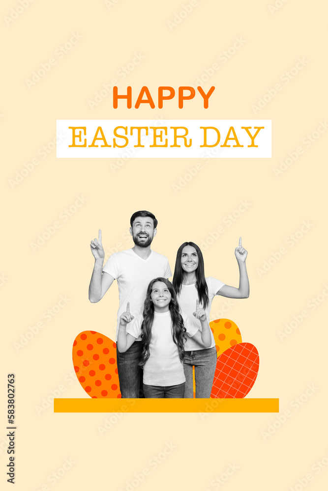 Creative artwork festive collage of happy family mommy daddy kid girl advertise easter festive event celebration