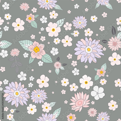 Botanical seamless pattern, various pink and purple flowers with green leaves on a gray background, vintage pastel theme.