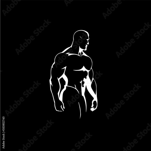 Bodybuilder male figure icon, GYM logo template, athletic man sign white silhouette on black background. Vector illustration