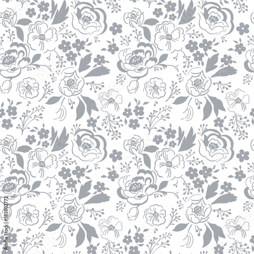 Seamless pattern with gray flowers and buds on a white background, vector illustration.