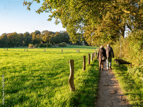 Walkers on footpath through nature near town of Ootmarsum, Overijssel, Netherlands