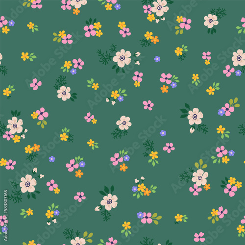 A pattern of pink, orange, purple and soft neutral beige flowers with green leaves. Seamless floral vector repeating pattern on a green background.