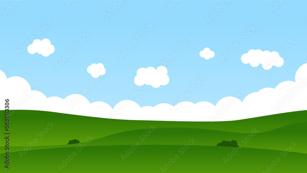 landscape cartoon scene with green field and blue sky