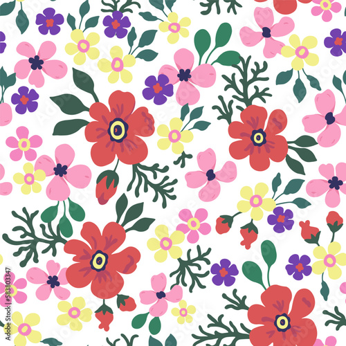 A pattern of neutral red, light yellow, pink and purple flowers with green leaves on a white background. Seamless floral vector repeating pattern.