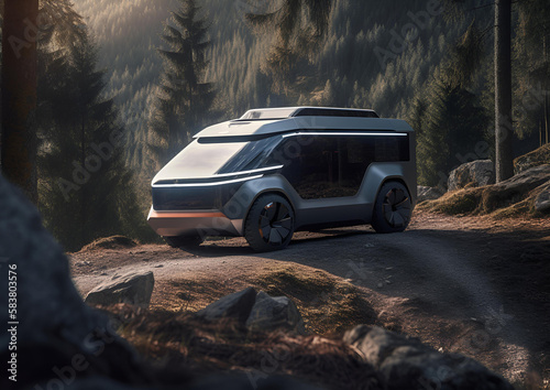 concept of futuristic electric camper van in in tropical island , automotive , Generative A